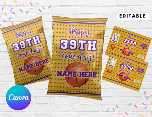 Basketball Birthday Chip Bag Template | Editable Canva Gold Purple Snack Wrapper | Custom Party Favor Treat Bag | Instant Download