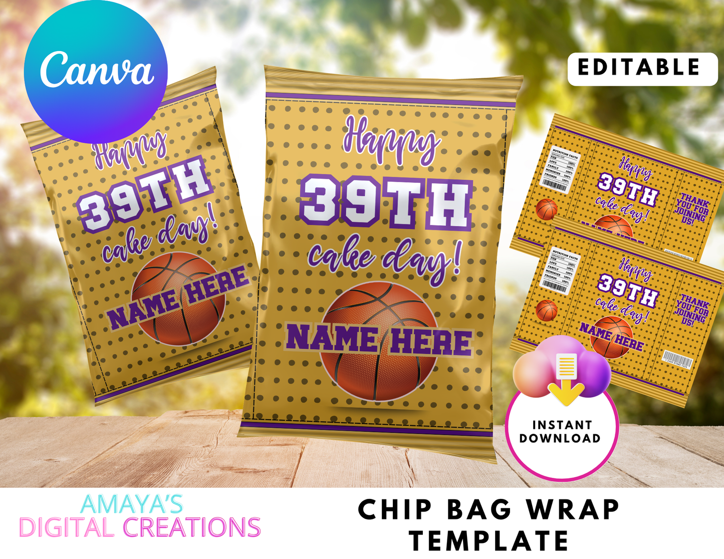 Basketball Birthday Chip Bag Template | Editable Canva Gold Purple Snack Wrapper | Custom Party Favor Treat Bag | Instant Download