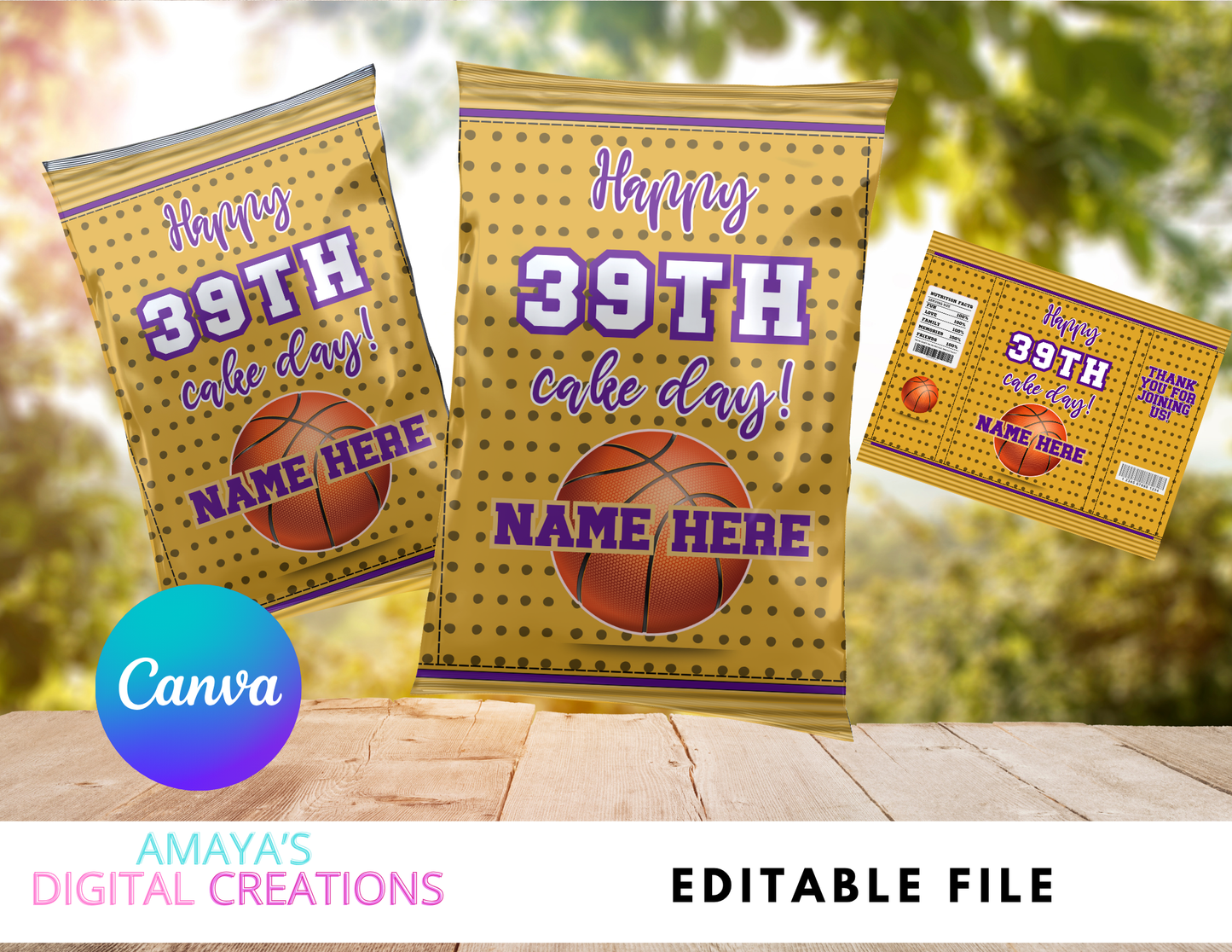 Basketball Birthday Chip Bag Template | Editable Canva Gold Purple Snack Wrapper | Custom Party Favor Treat Bag | Instant Download