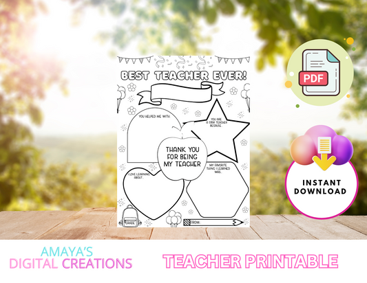 Best Teacher Ever Printable, Non-Editable PDF, Teacher Appreciation Coloring Page, Personalized Thank You Gift from Student