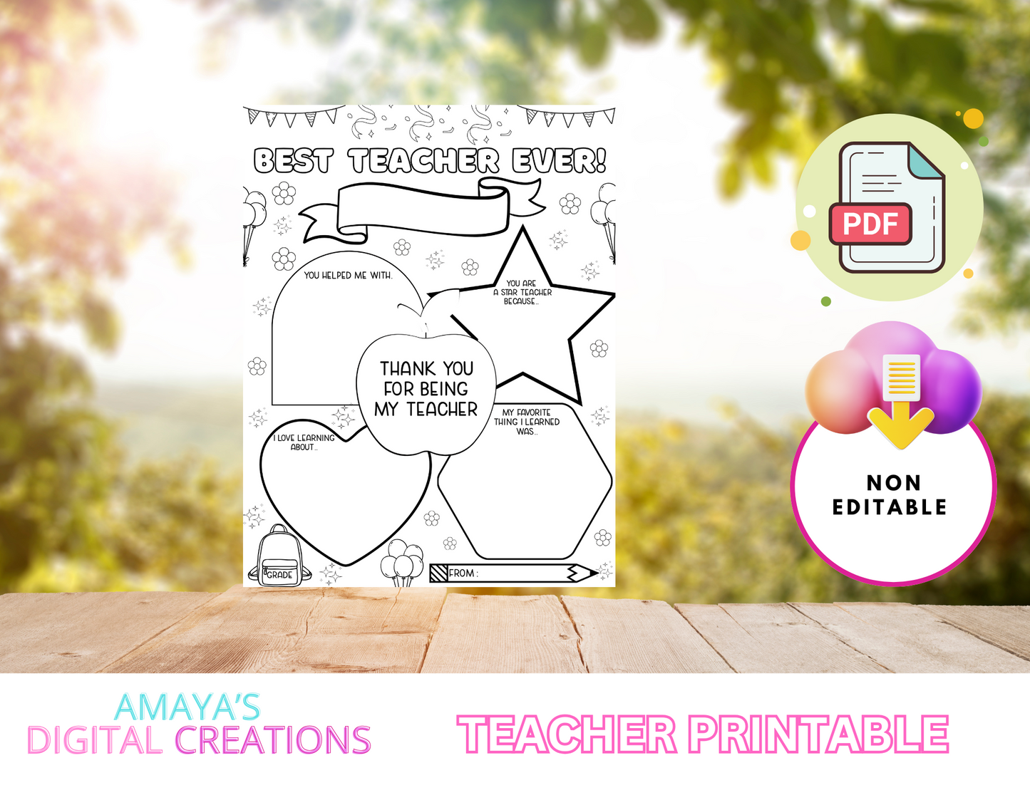 Best Teacher Ever Printable, Non-Editable PDF, Teacher Appreciation Coloring Page, Personalized Thank You Gift from Student