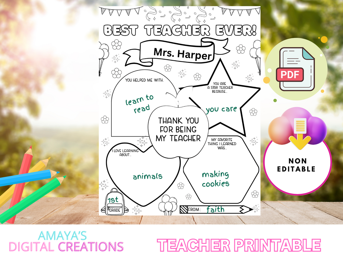 Best Teacher Ever Printable, Non-Editable PDF, Teacher Appreciation Coloring Page, Personalized Thank You Gift from Student
