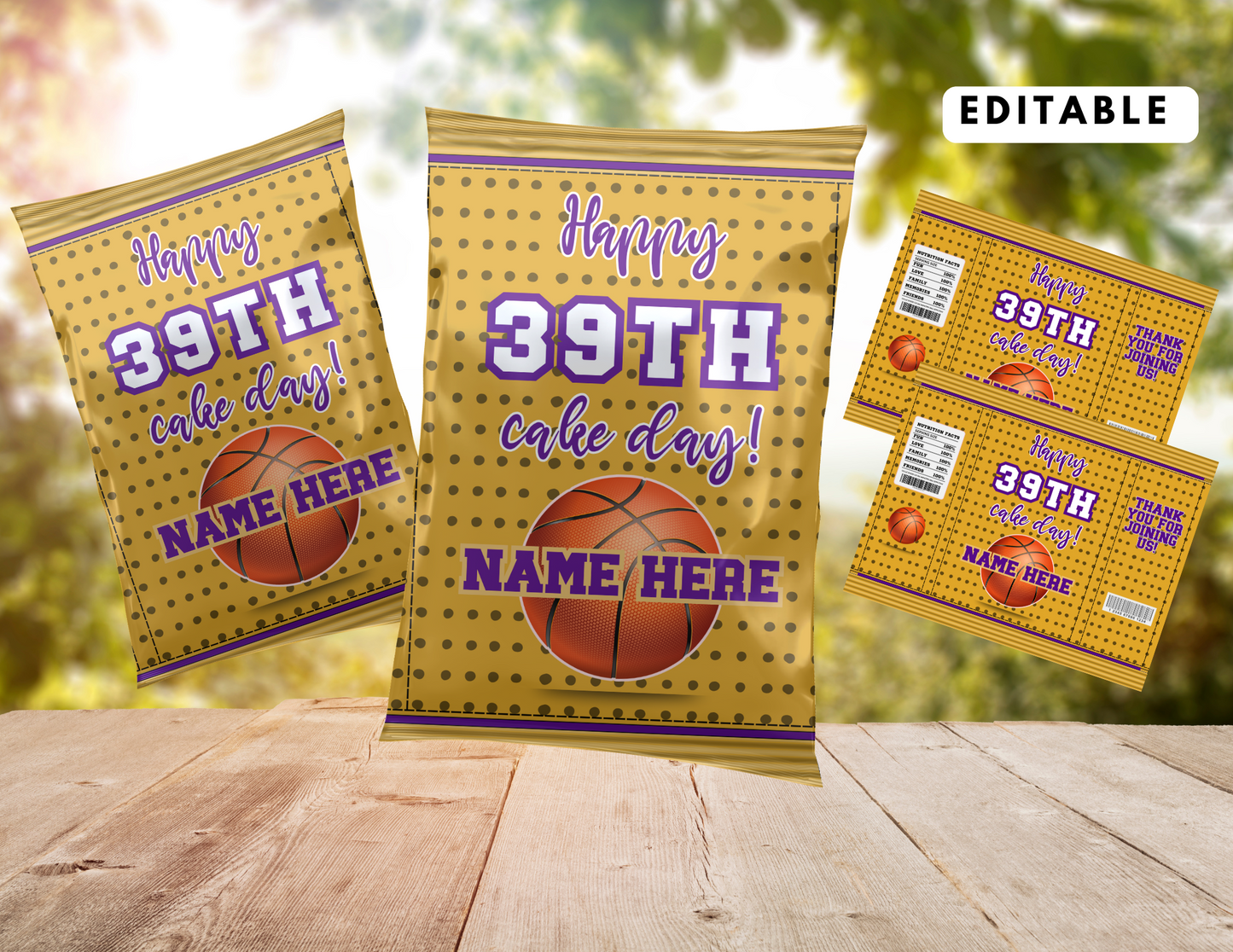 Basketball Birthday Chip Bag Template | Editable Canva Gold Purple Snack Wrapper | Custom Party Favor Treat Bag | Instant Download