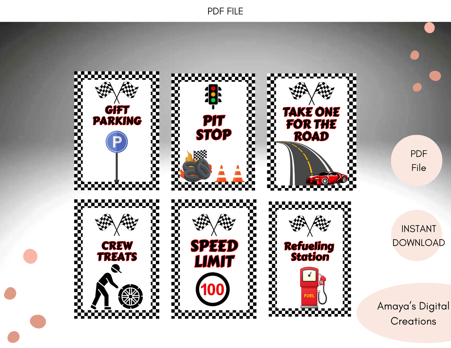 Race Car Birthday Printable Signs – Set of 6 PDF Prints Non-Editable Instant PDF Download