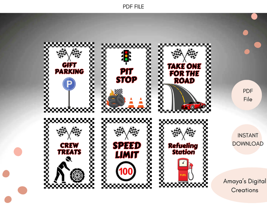 Race Car Birthday Printable Signs – Set of 6 PDF Prints Non-Editable Instant PDF Download