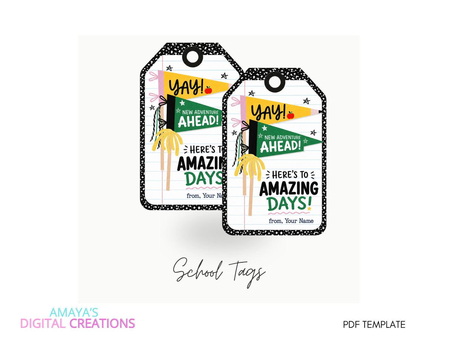 | Back to School Gift Tag PNG – Composition Book Style | Editable Canva Template | Teacher & Student Printable Pennant Tag | First Day of School Digital DownloadNon-Editable Instant PDF Download