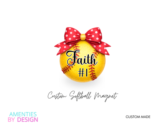 Custom Softball Magnet with Bow • Personalized Softball Gift • Player Number Magnet • Team Spirit Magnet