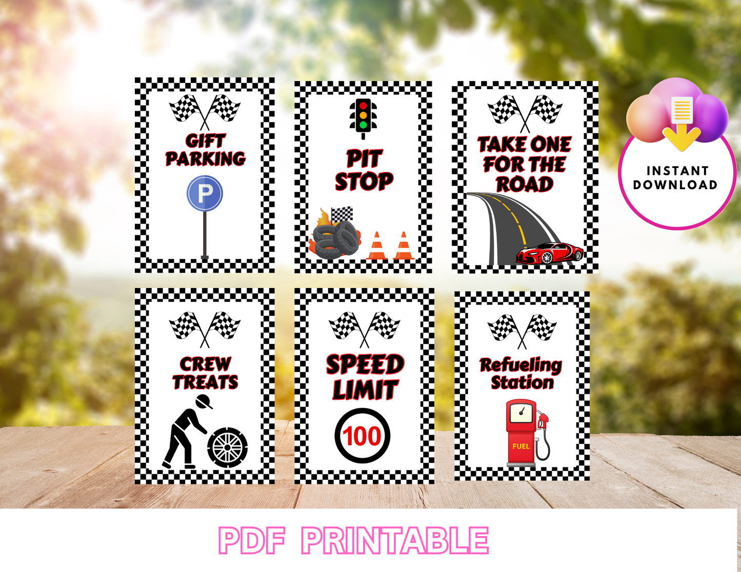 Race Car Birthday Printable Signs – Set of 6 PDF Prints Non-Editable Instant PDF Download