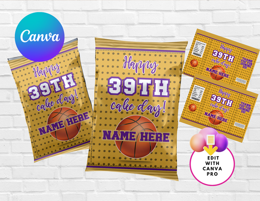 Basketball Birthday Chip Bag Template | Editable Canva Gold Purple Snack Wrapper | Custom Party Favor Treat Bag | Instant Download