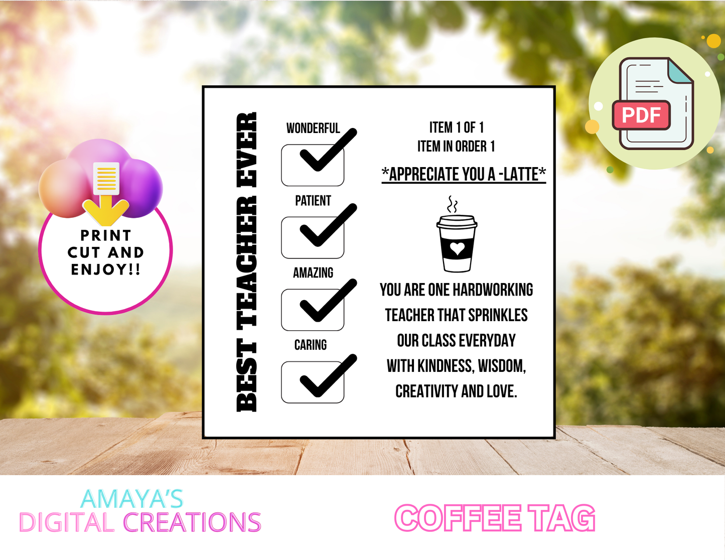 Teacher’s Appreciation | Drink Order | Coffee Label | Digital Instant Download ,No Physical Item, PDF