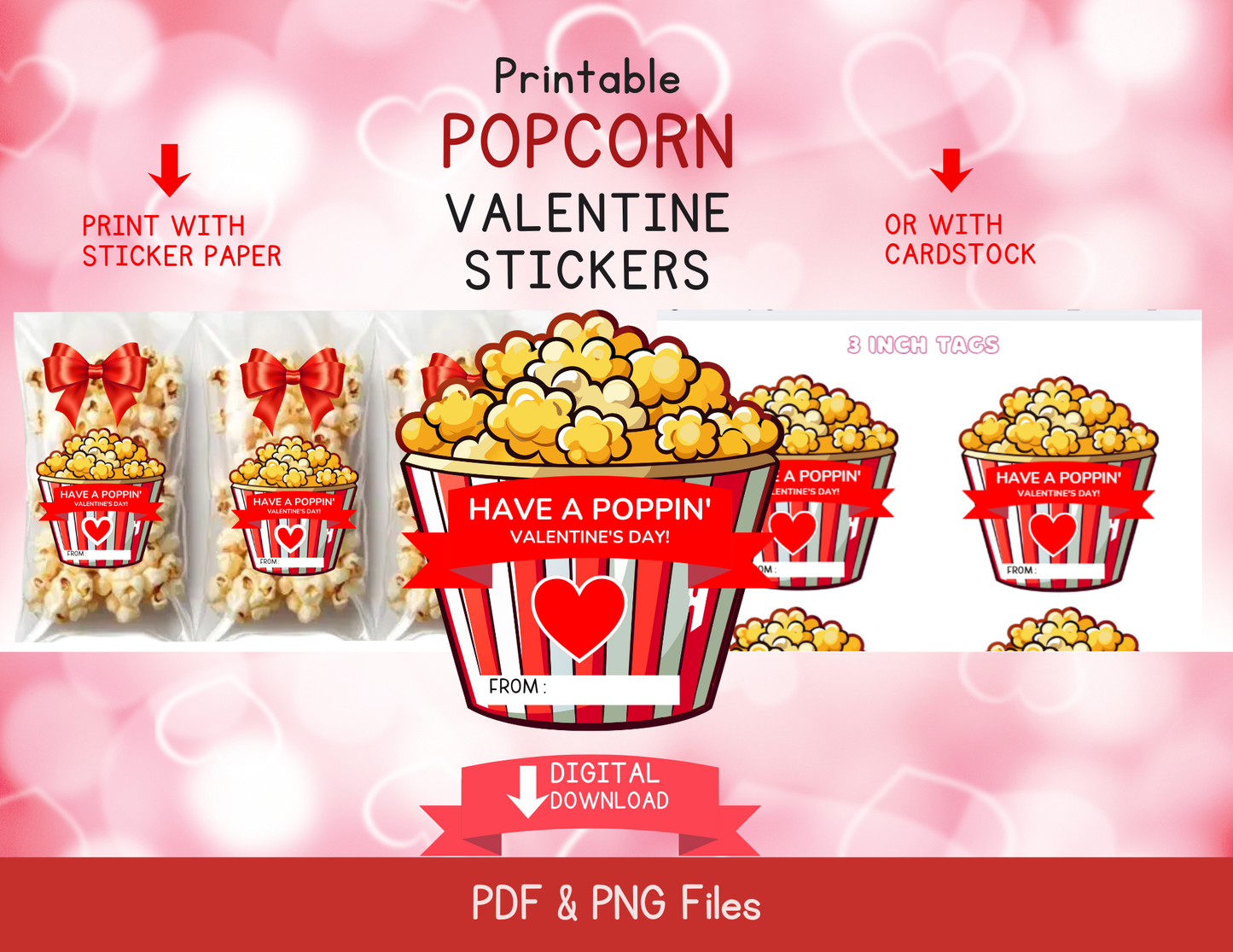 Printable Popcorn Valentine Labels | Classroom Valentines | Digital Download Classroom Valentine PDF | Instant Download
