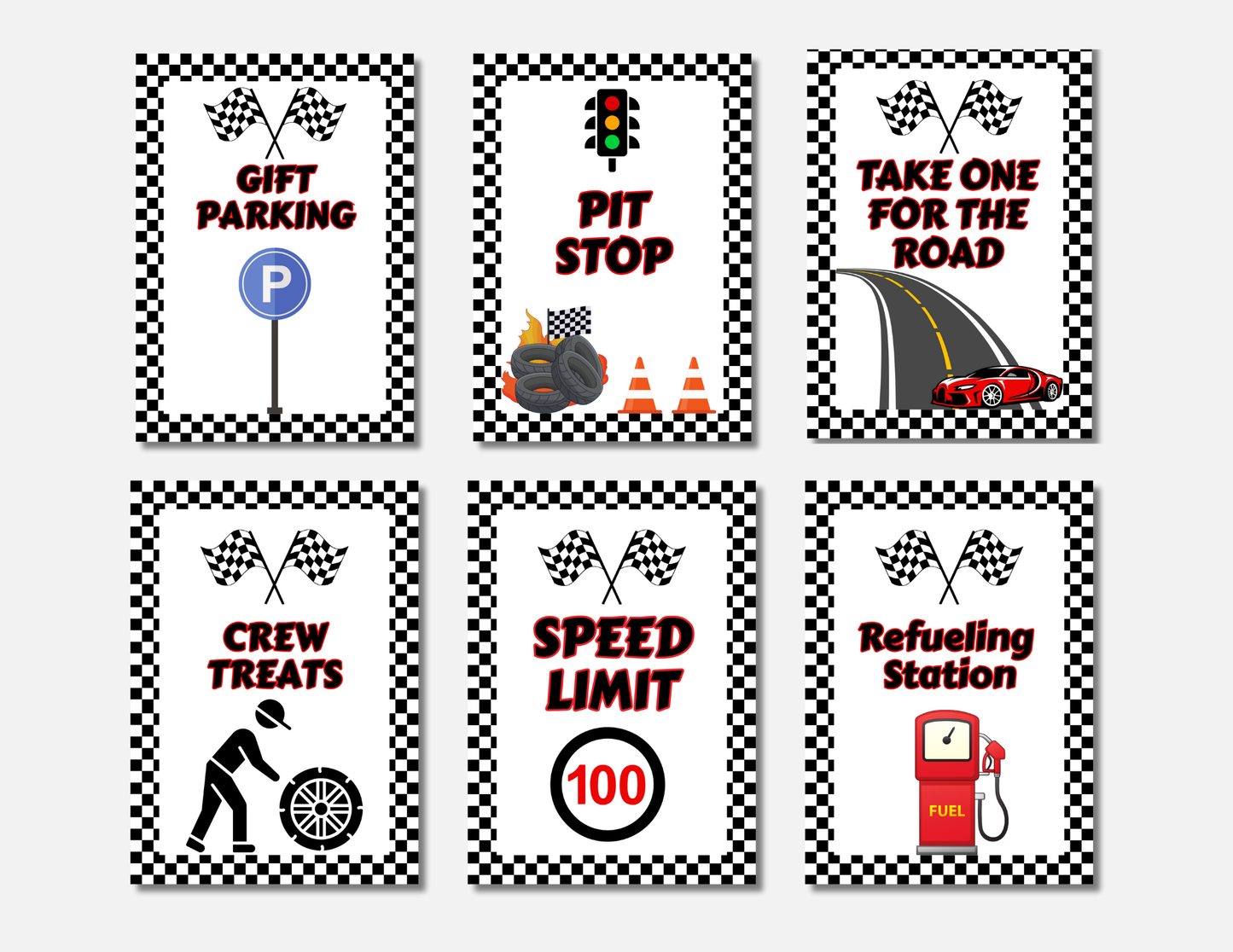 Race Car Birthday Printable Signs – Set of 6 PDF Prints Non-Editable Instant PDF Download