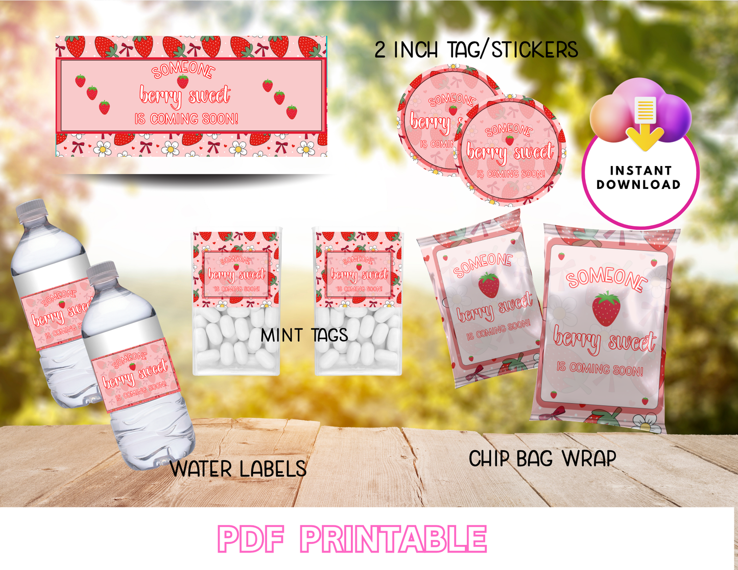🍓 Berry Sweet Baby Shower Printable Party Decor | Strawberry Baby Shower Theme | Girl Baby Shower Decorations | NON Editable-PDF FILE-Instant Download