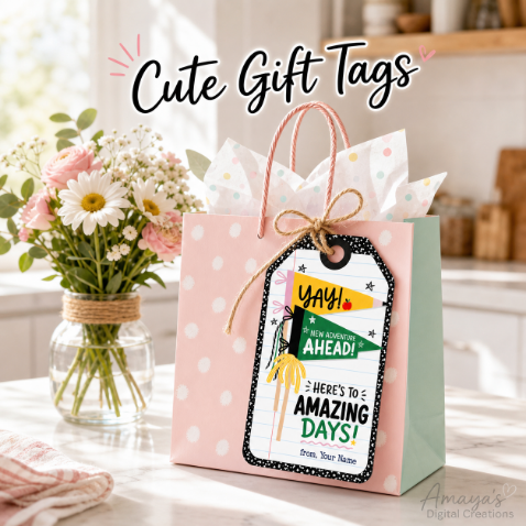 | Back to School Gift Tag PNG – Composition Book Style | Editable Canva Template | Teacher & Student Printable Pennant Tag | First Day of School Digital DownloadNon-Editable Instant PDF Download